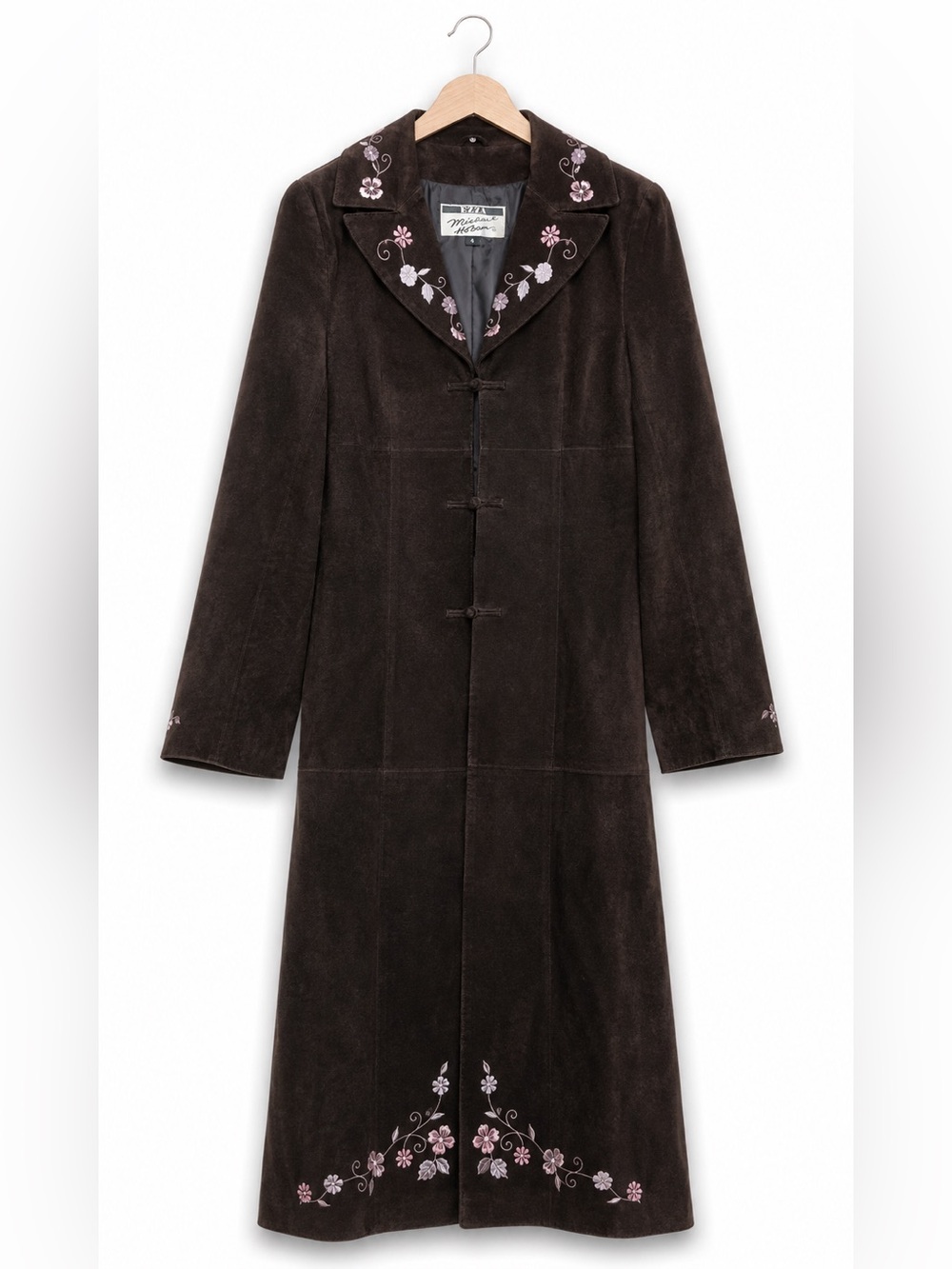 Michael Hoban Ezza Vintage Brown Leather Floral Embroidered Duster Trench Coat 4